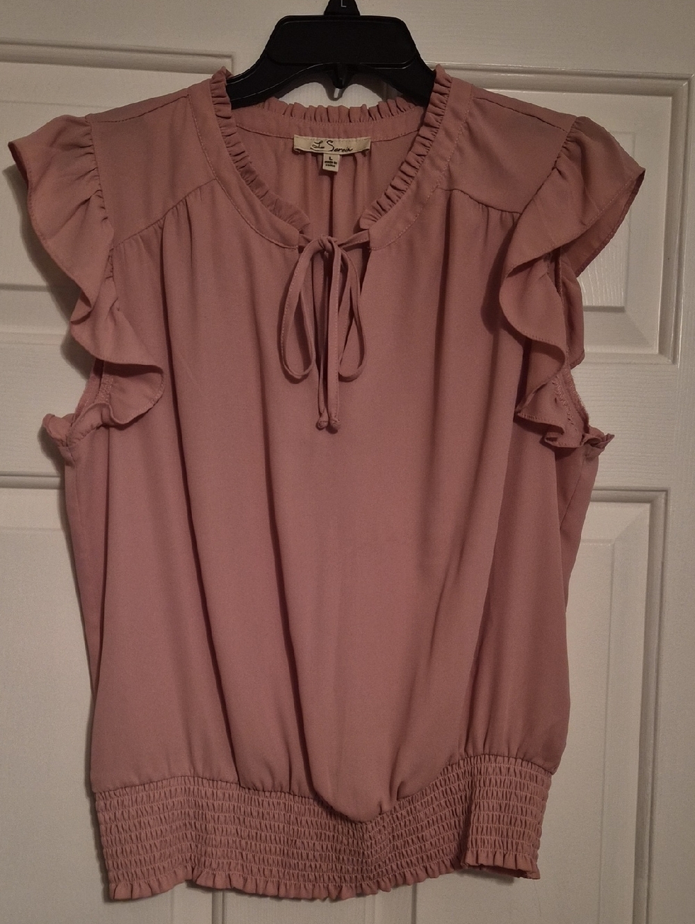 Tie-Neck Ruffle Sleeve Blouse in Dusty Rose